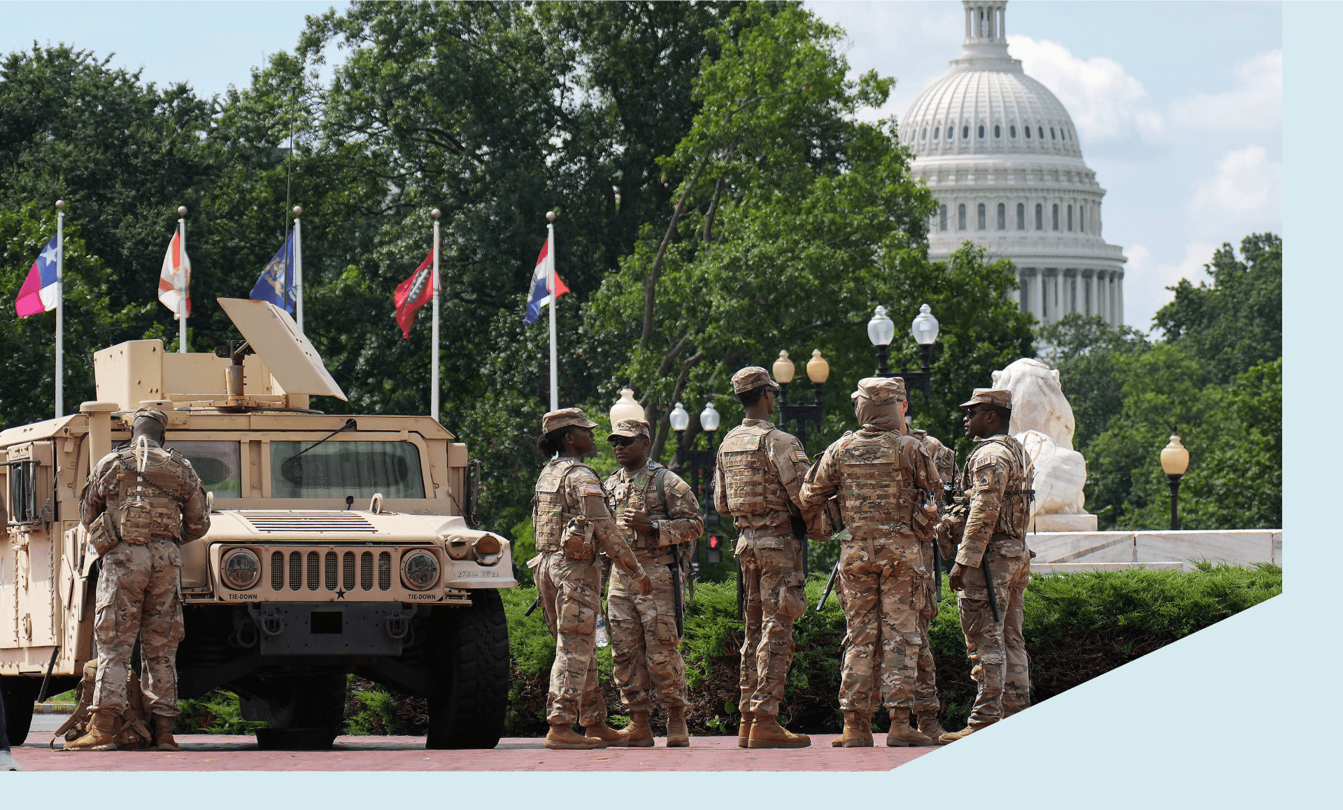 Members of the National Guard stand by at Union Station on August 14, 2025 in Washington, DC.