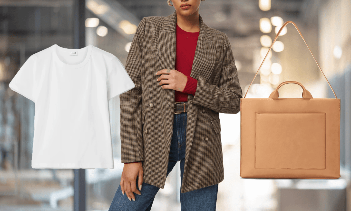 t-shirt, blazer, purse